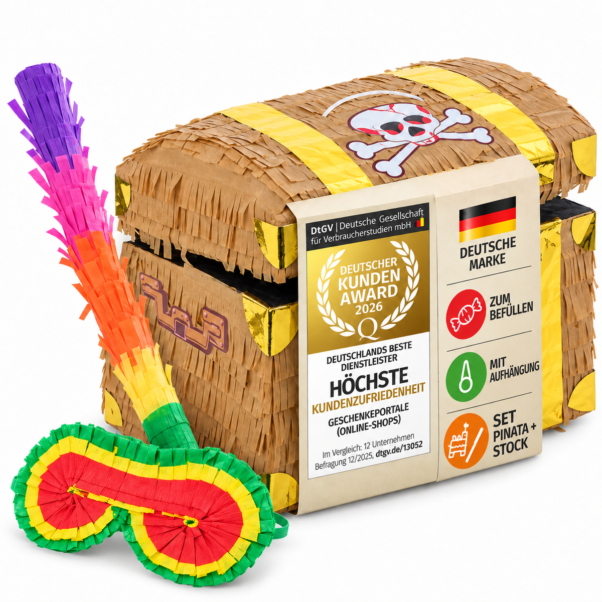 Piñata Set für Kindergeburtstag mit Stab & Augenmaske – Bunter Spaß