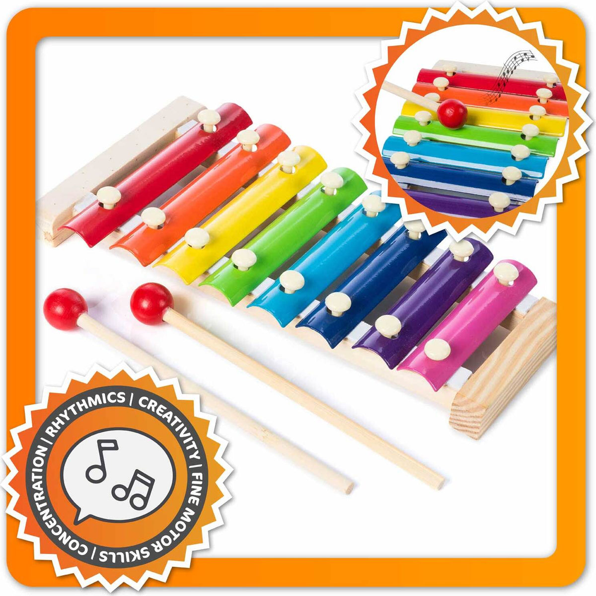 Holz-Xylophon für Kinder, 8 Töne, orange mit zwei Schlägeln