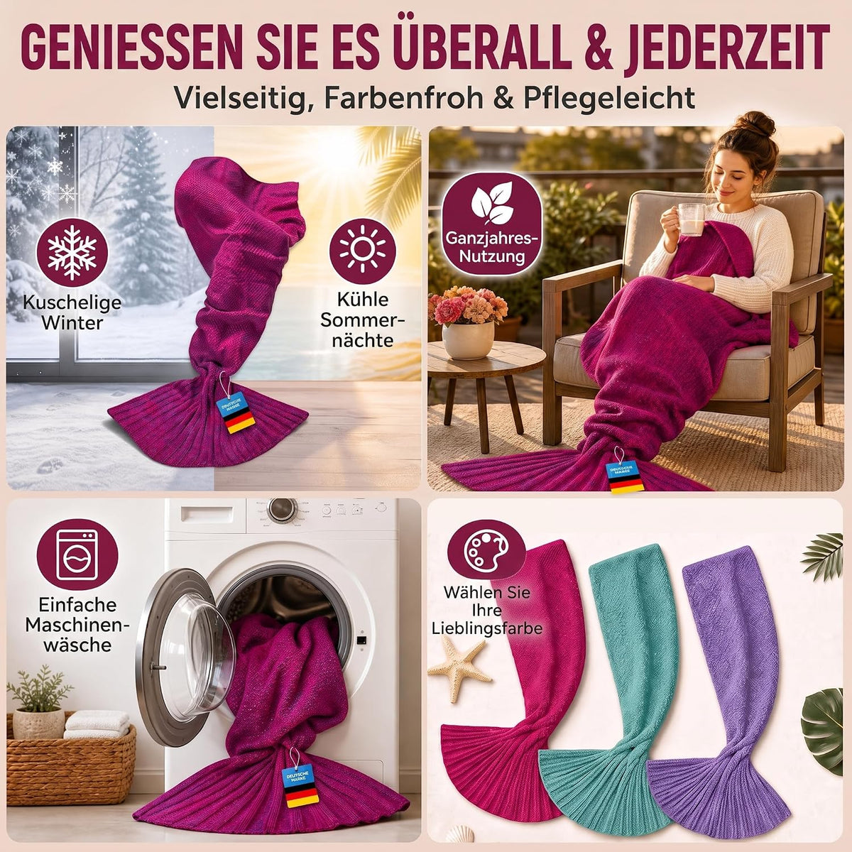 Feluna Meerjungfrau Kuscheldecke – 180x85 cm – Weiche Strickdecke #Farbe_Magenta