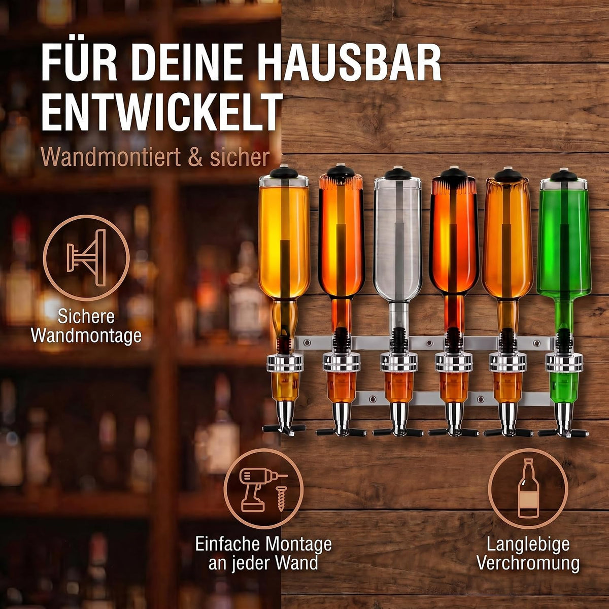 4-fach Wand-Spirituosenspender - Hochwertiger Bar-Butler & Portionierer #Variante_6-fach Wandmontage