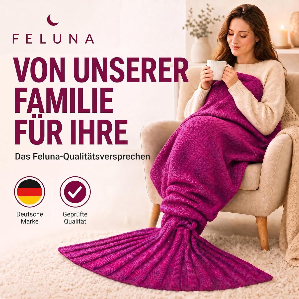 Feluna Meerjungfrau Kuscheldecke – 180x85 cm – Weiche Strickdecke #Farbe_Magenta