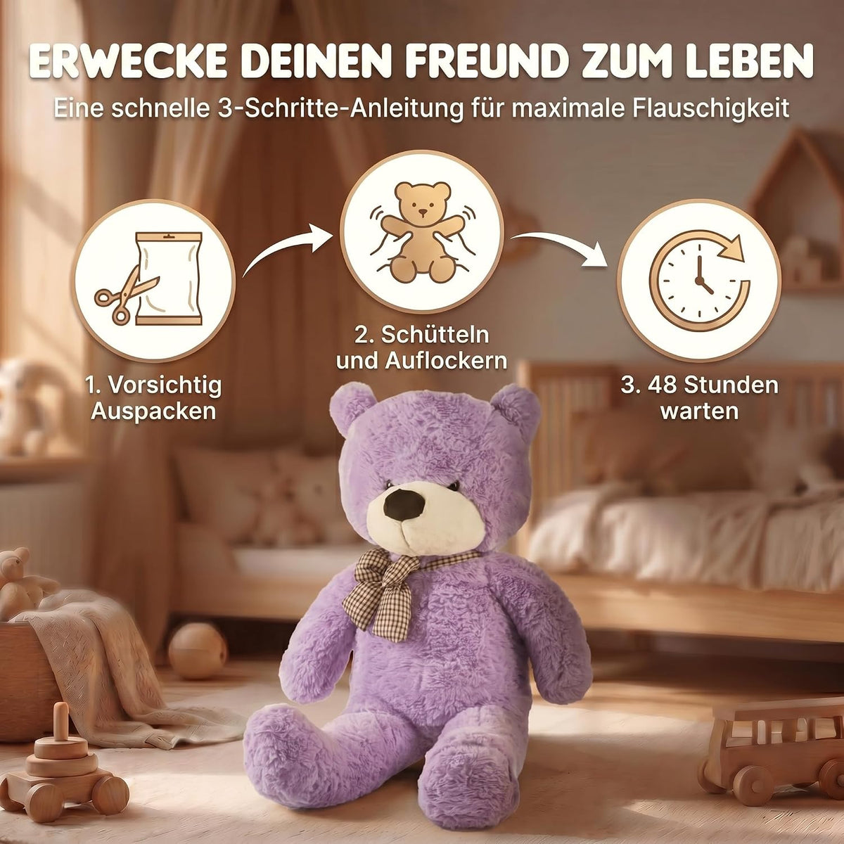 Riesen Teddybär 120 cm XXL – Kuscheliger Plüschbär Hellbraun #Farbe_Lila