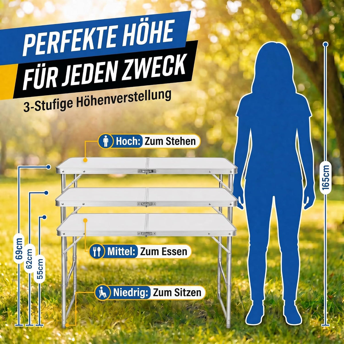 Klapptisch 120x60cm - Höhenverstellbarer Campingtisch Faltbar #Farbe_Weiß