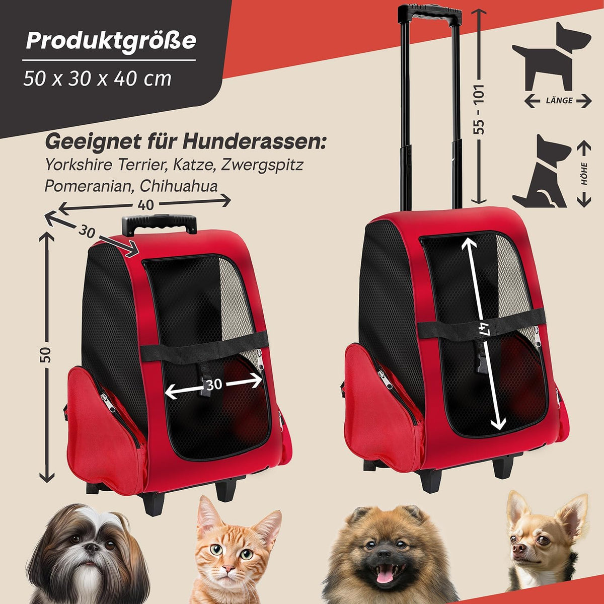Hunde-Trolley & Haustier-Rucksack – Rot #Farbe_Rot