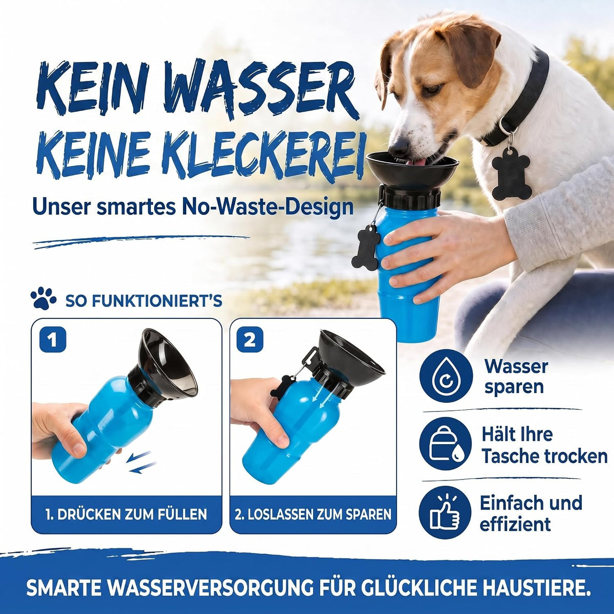 Hunde-Trinkflasche 600ml mit Napf – Auslaufsicher für Unterwegs #Farbe_Blau
