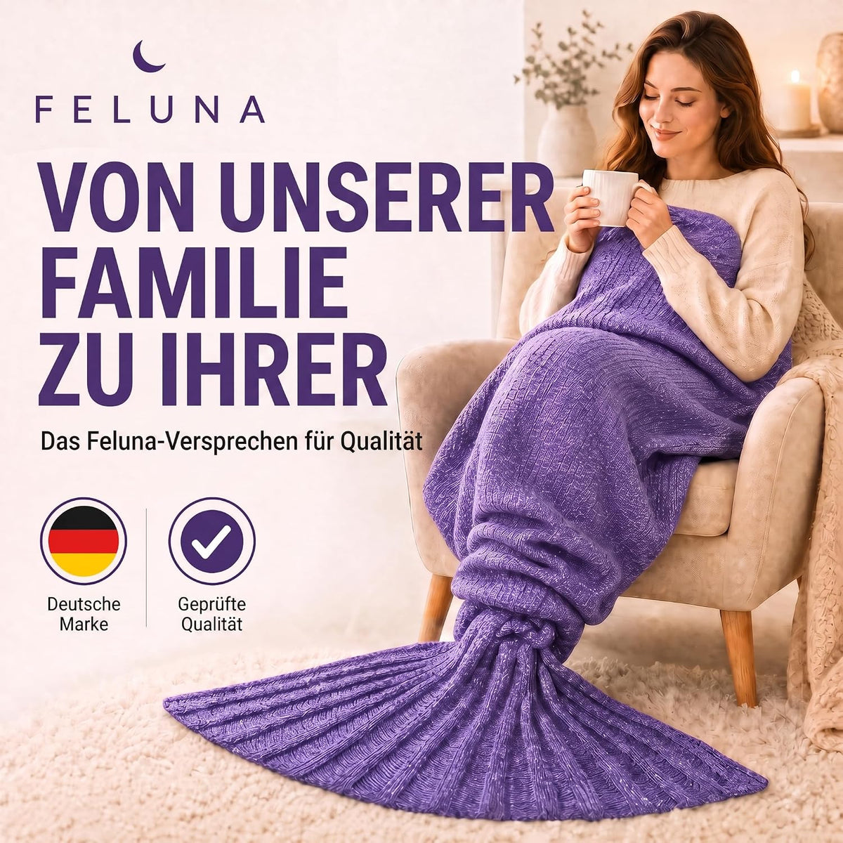 Feluna Meerjungfrau Kuscheldecke – 180x85 cm – Weiche Strickdecke #Farbe_Violett