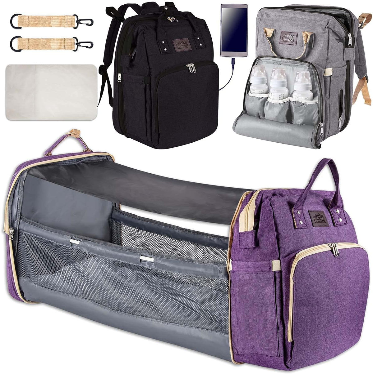 all Kids United® 2in1 Wickelrucksack & Reisebett – Premium Qualität #Farbe_Grau