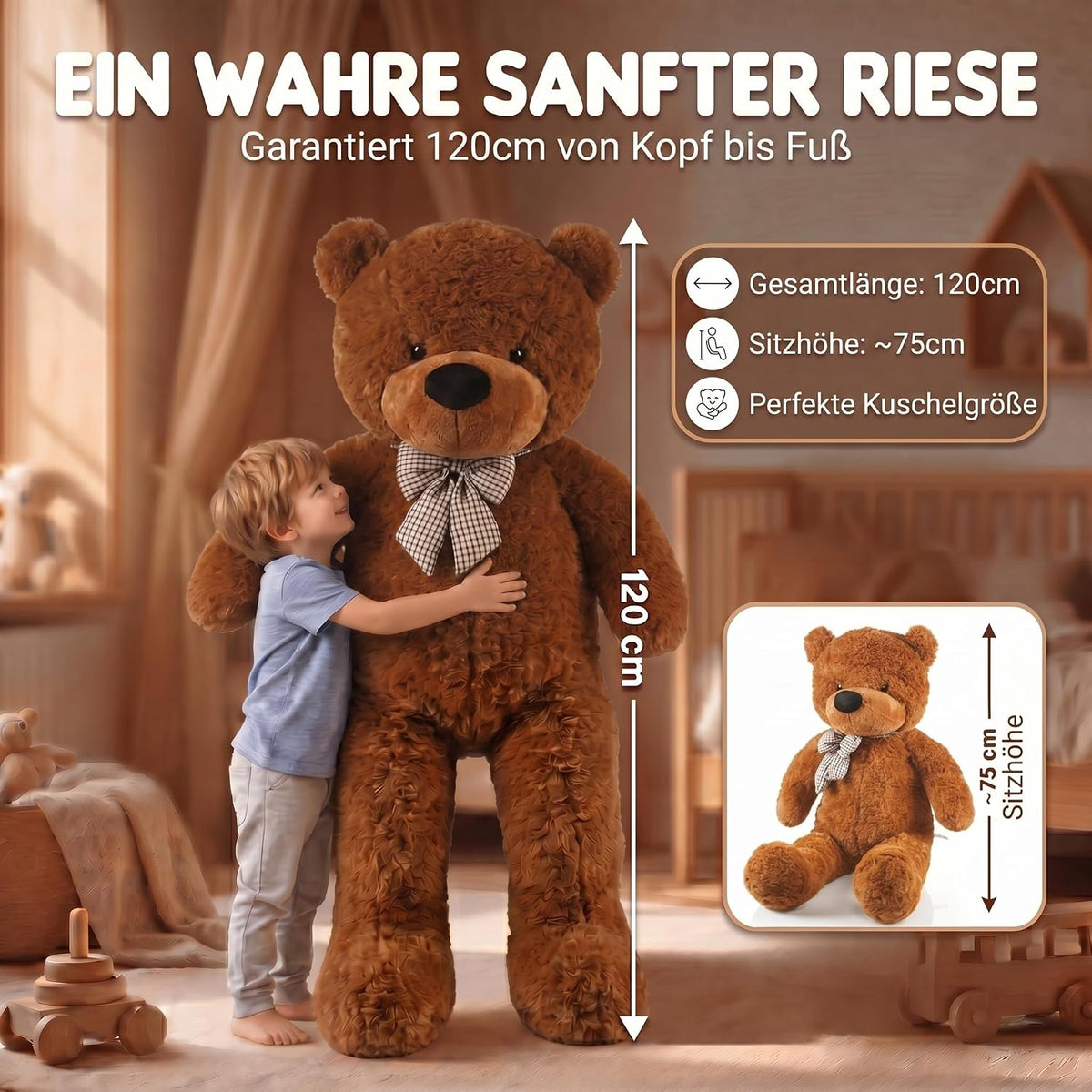 Riesen Teddybär 120 cm XXL – Kuscheliger Plüschbär Hellbraun #Farbe_Dunkelbraun