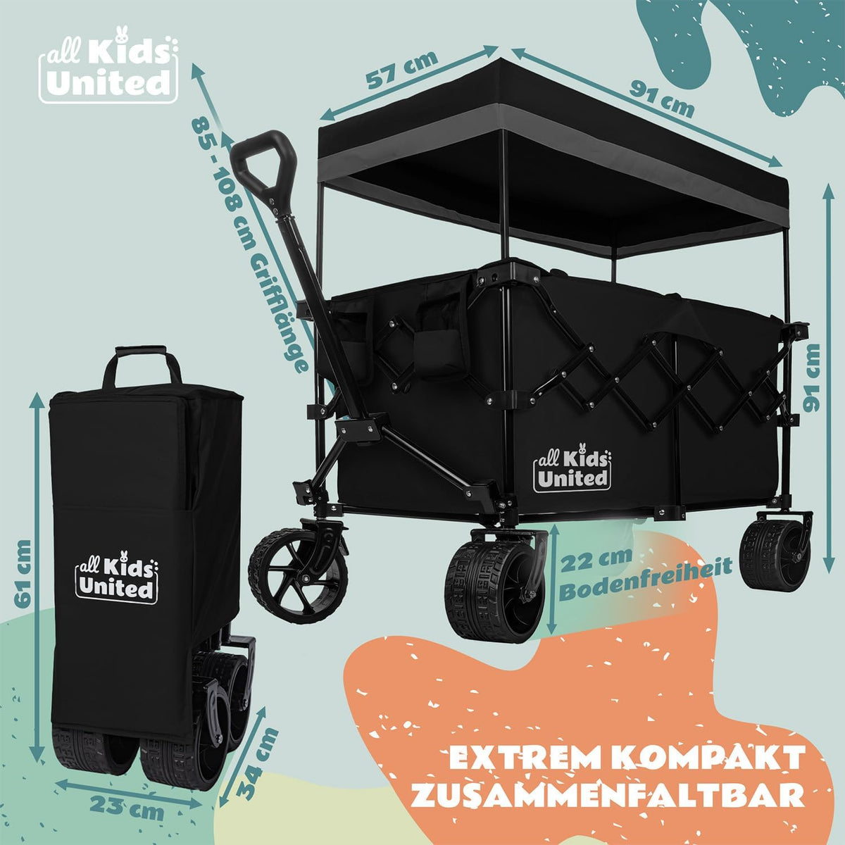 Faltbarer Bollerwagen - Strand-Buggy mit XXL Rädern & Bremse #Farbe_Schwarz