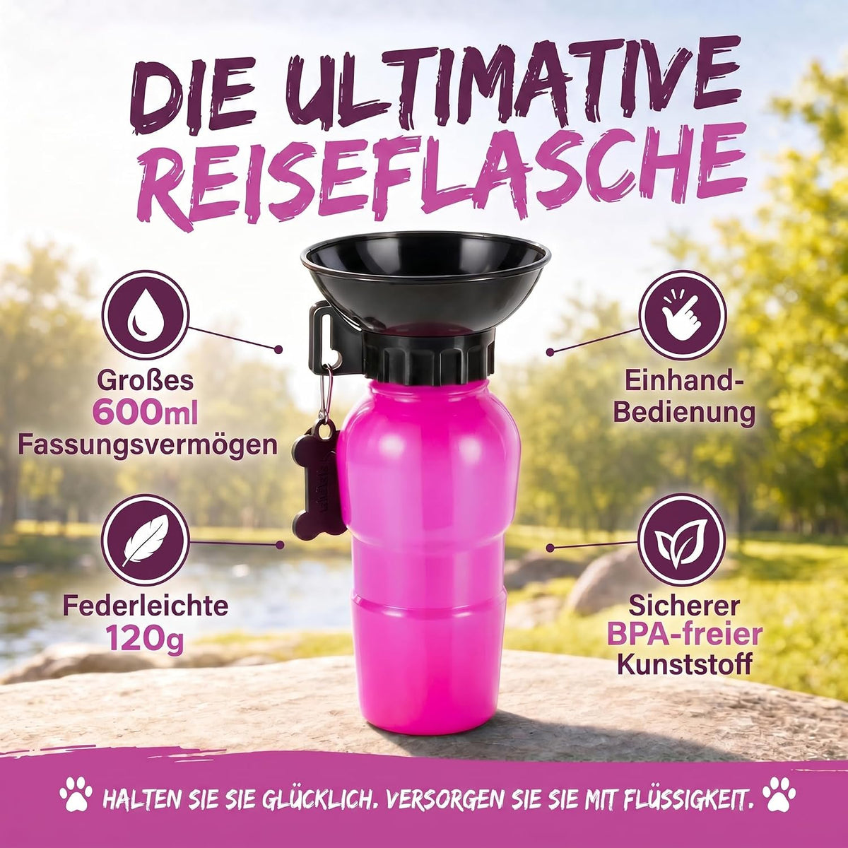 Hunde-Trinkflasche 600ml mit Napf – Auslaufsicher für Unterwegs #Farbe_Rot