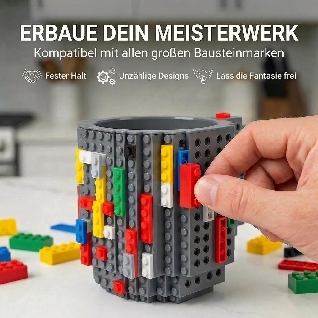 Brick Mug - Bausteine-Kaffeetasse 350ml - Kompatibler DIY Becher #Farbe_Grau