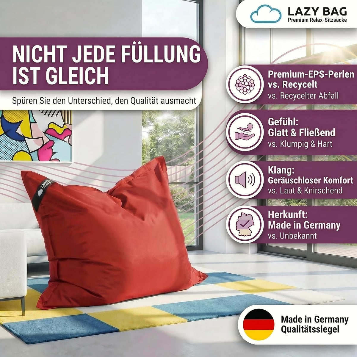 LazyBag Outdoor Sitzsack Junior – Wasserfestes Sitzkissen für Kinder #Farbe_Rot