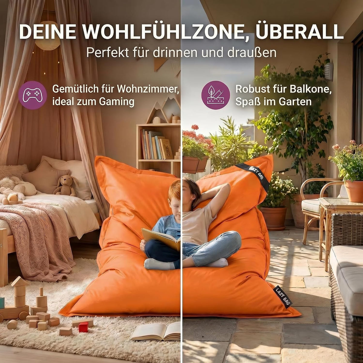 LazyBag Outdoor Sitzsack Junior – Wasserfestes Sitzkissen für Kinder #Farbe_Orange