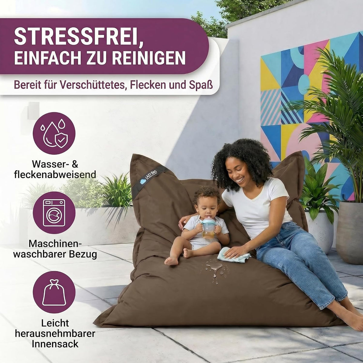 LazyBag Outdoor Sitzsack Junior – Wasserfestes Sitzkissen für Kinder #Farbe_Braun