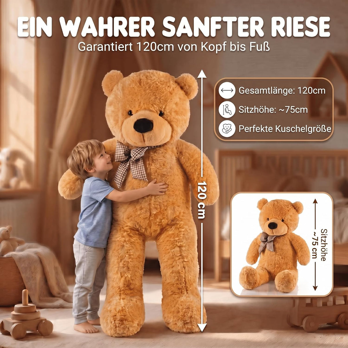 Riesen Teddybär 120 cm XXL – Kuscheliger Plüschbär Hellbraun #Farbe_Hellbraun