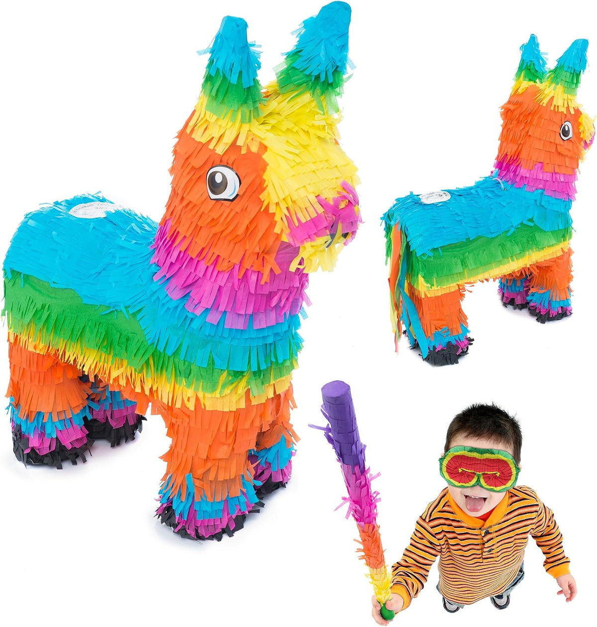 Piñata Set für Kindergeburtstag mit Stab & Augenmaske – Bunter Spaß