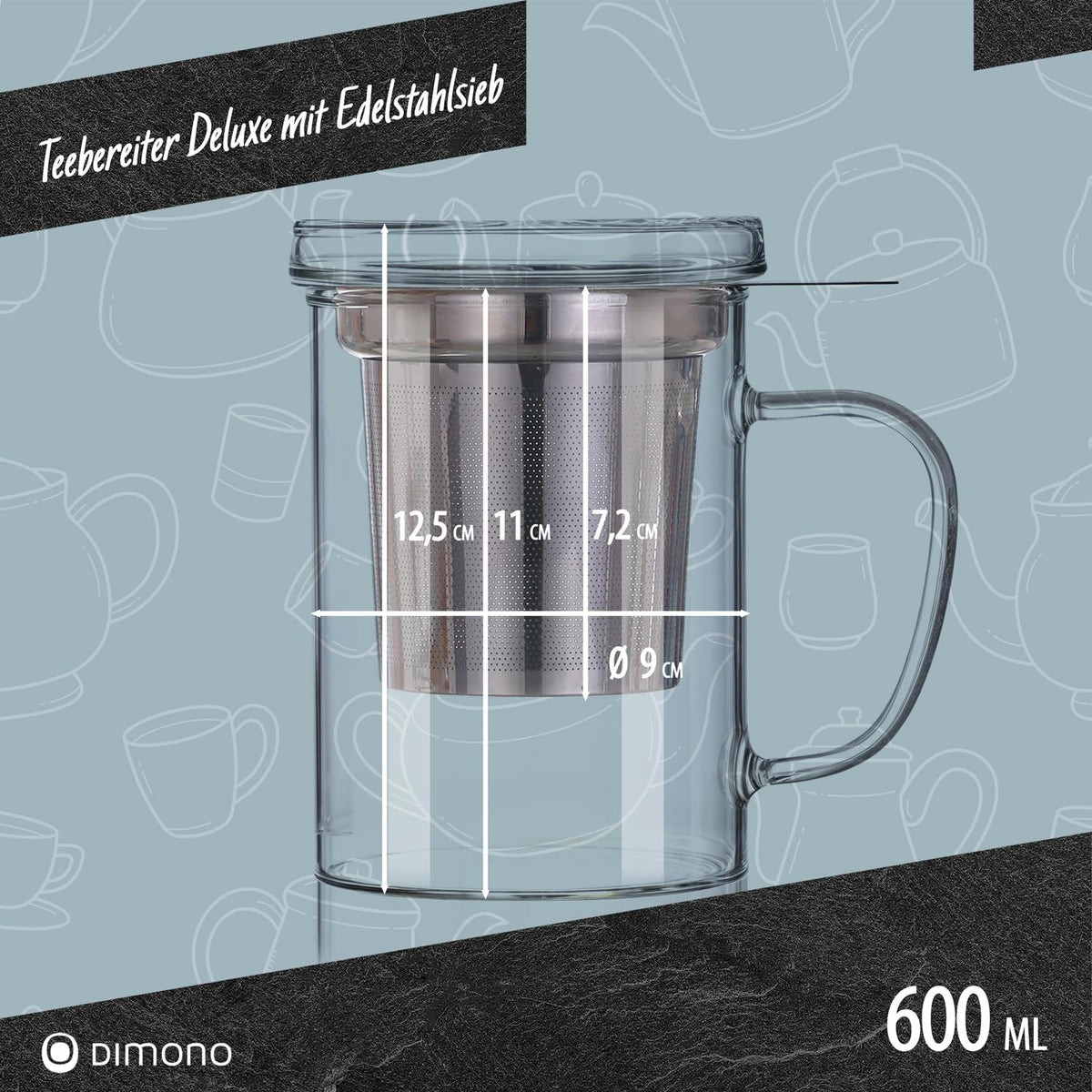 Teebereiter Deluxe - Teeglas mit Glasfilter und Deckel, 470 ml