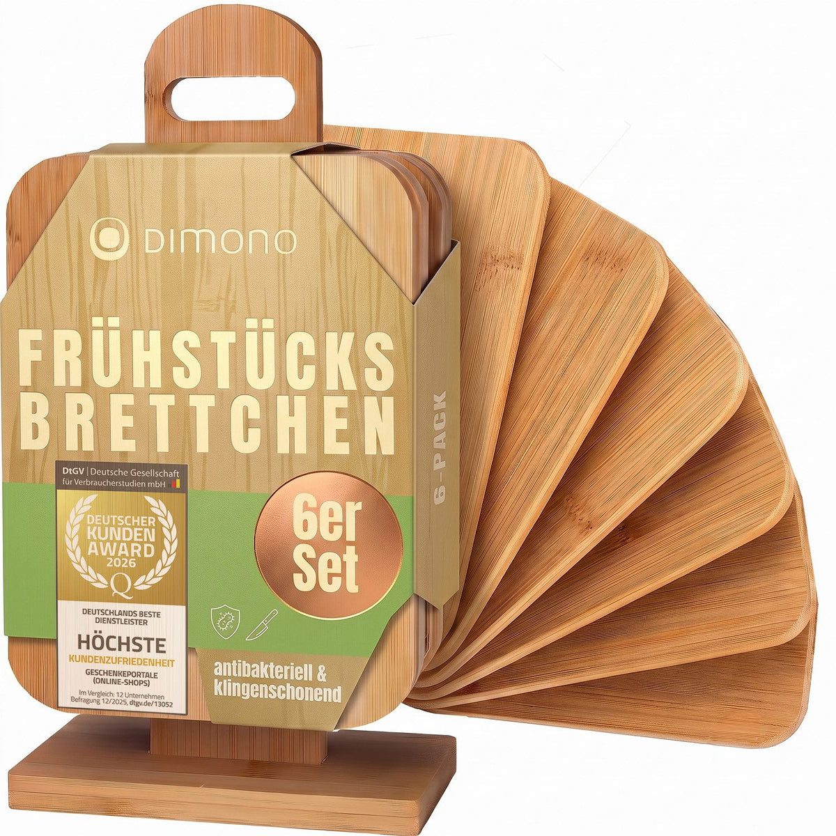 Bambus-Frühstücksbrettchen 6er Set mit Ständer – Klingenschonend – Hauptbild