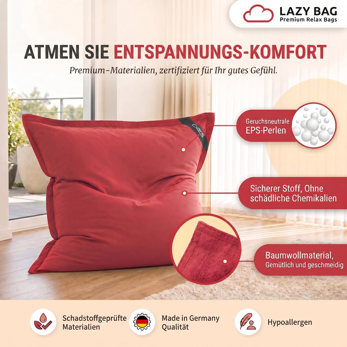 LazyBag XXL Sitzsack 180x140 cm aus Baumwolle – Rot – PT03 #Variante_Rot