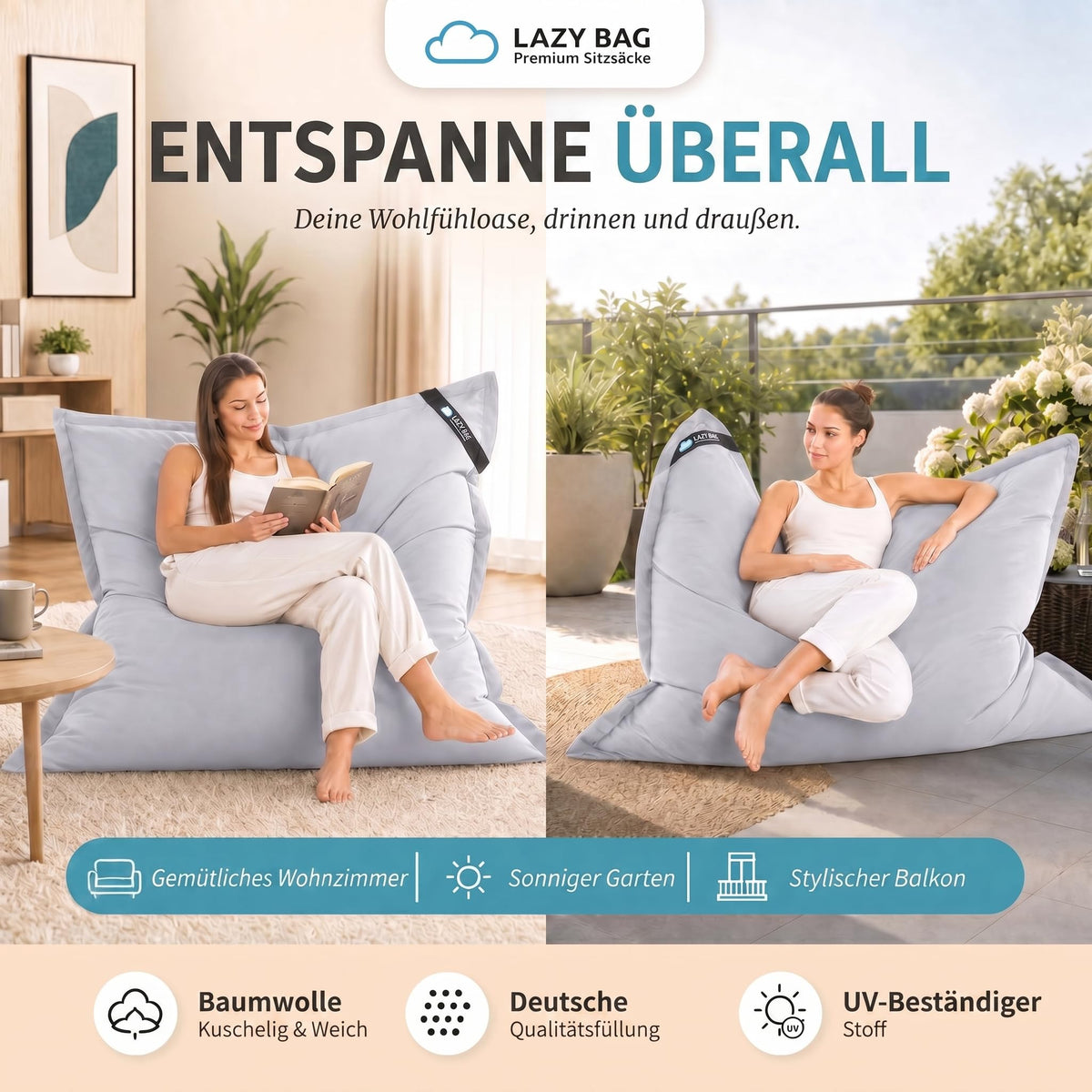 LazyBag XXL Sitzsack 180x140 cm aus Baumwolle – Hellgrau – PT01 #Variante_Hellgrau