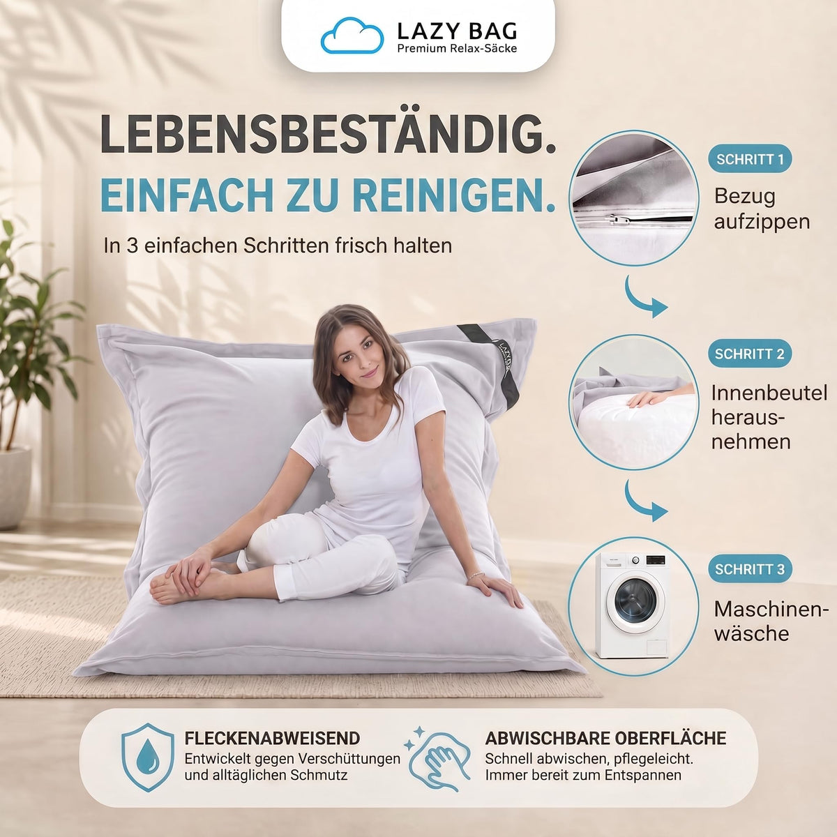 LazyBag XXL Sitzsack 180x140 cm aus Baumwolle – Hellgrau – PT05 #Variante_Hellgrau
