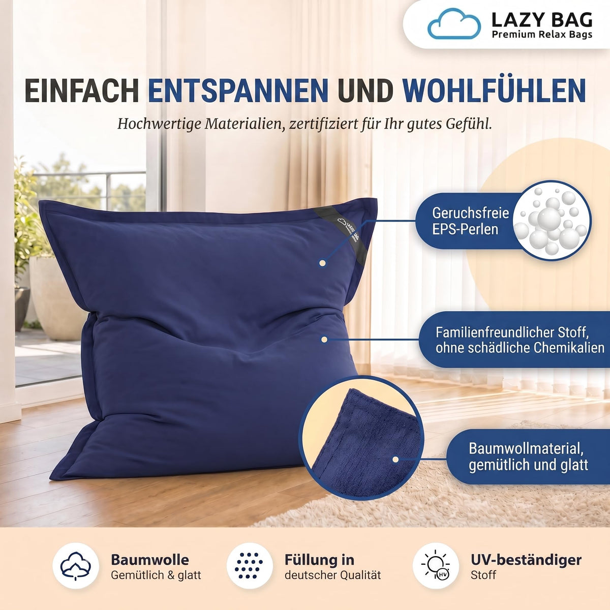 LazyBag XXL Sitzsack 180x140 cm aus Baumwolle – Blau – PT03 #Variante_Blau