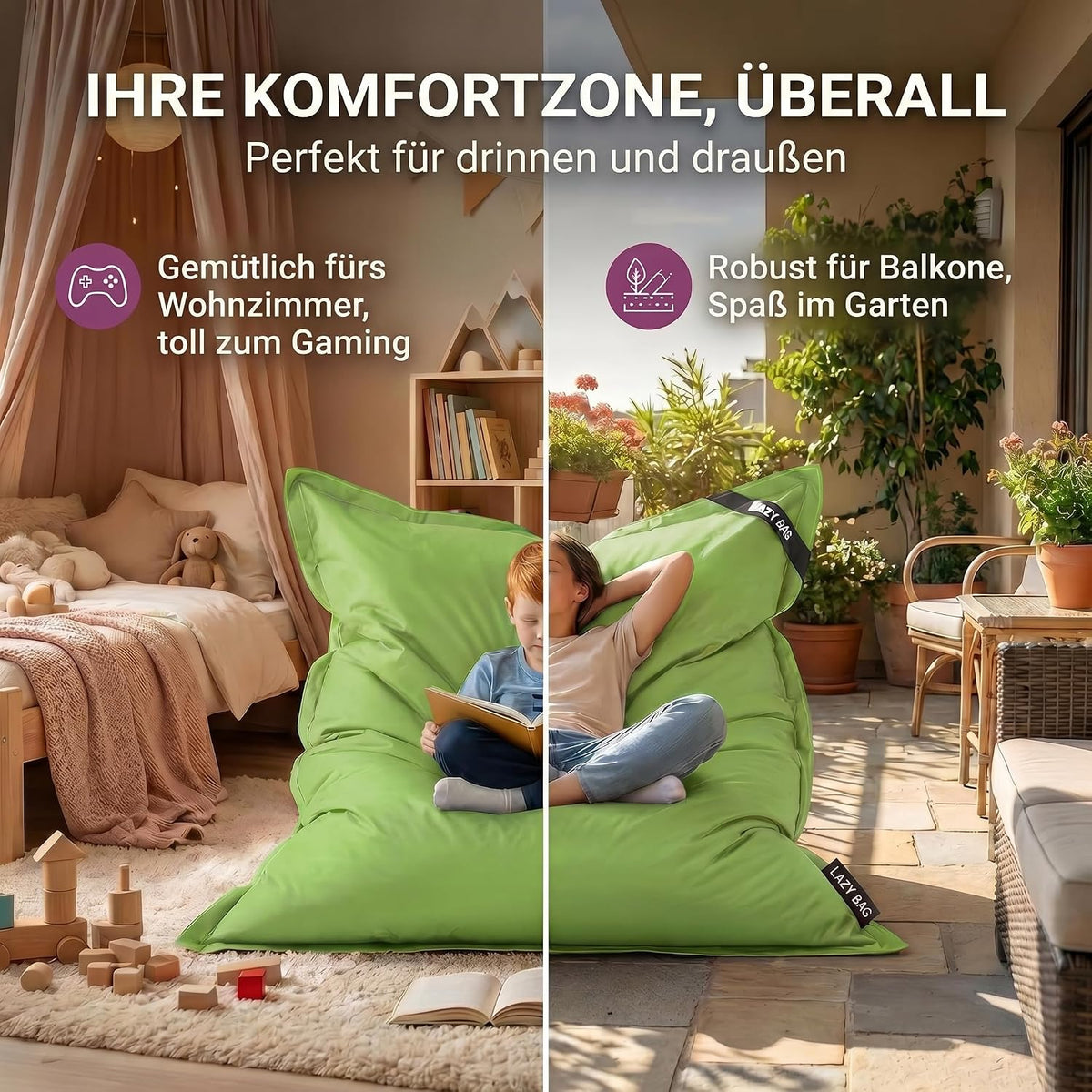 LazyBag Outdoor Sitzsack Junior – Wasserfestes Sitzkissen für Kinder #Farbe_Grün