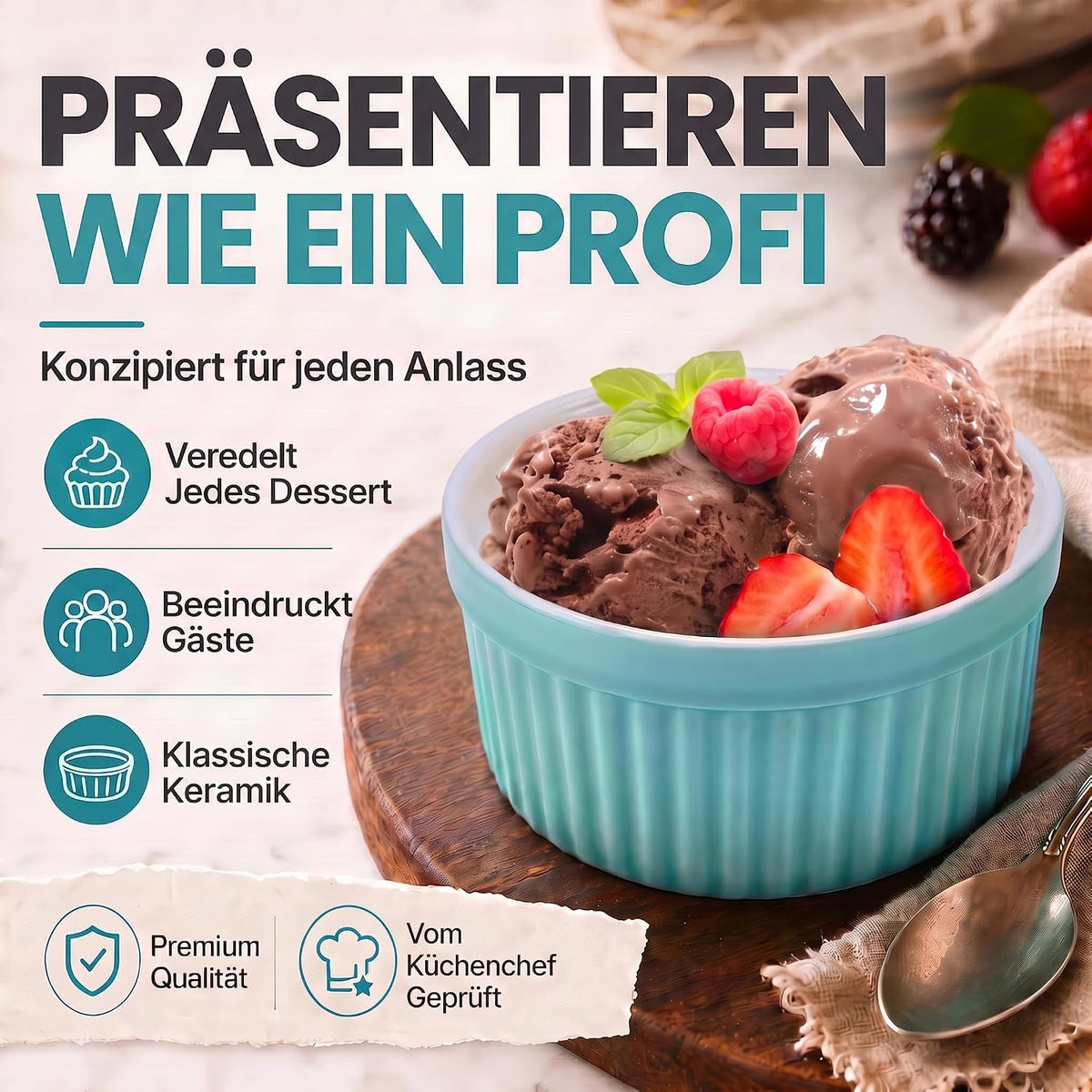 8er Set Dessertschalen & Creme-Brulée-Förmchen aus Keramik Weiß #Farbe_Türkies
