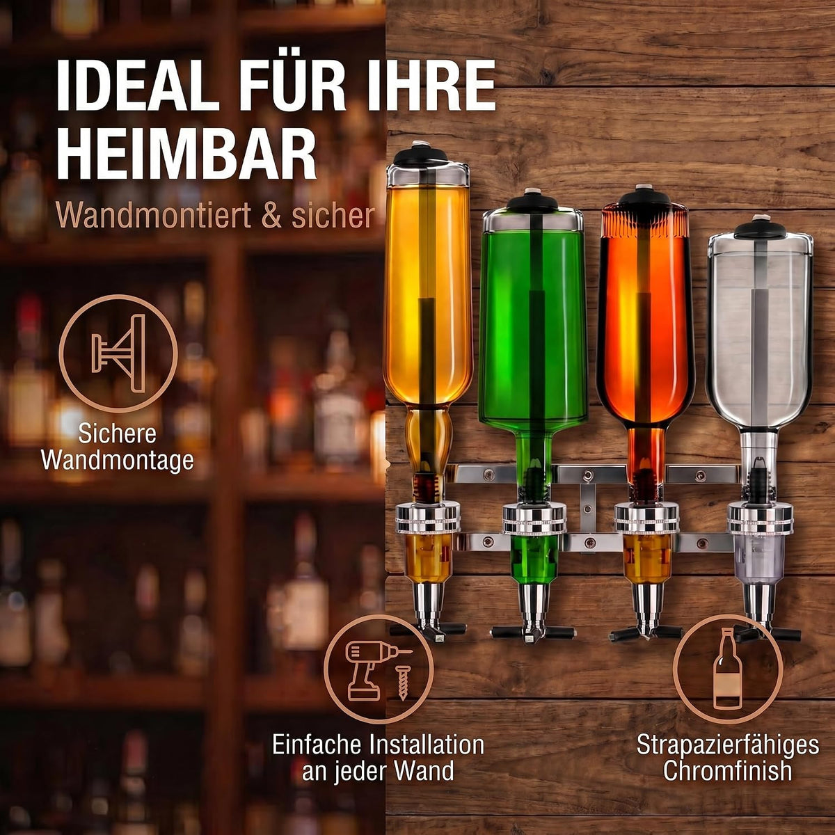 4-fach Wand-Spirituosenspender - Hochwertiger Bar-Butler & Portionierer #Variante_4-fach Wandmontage