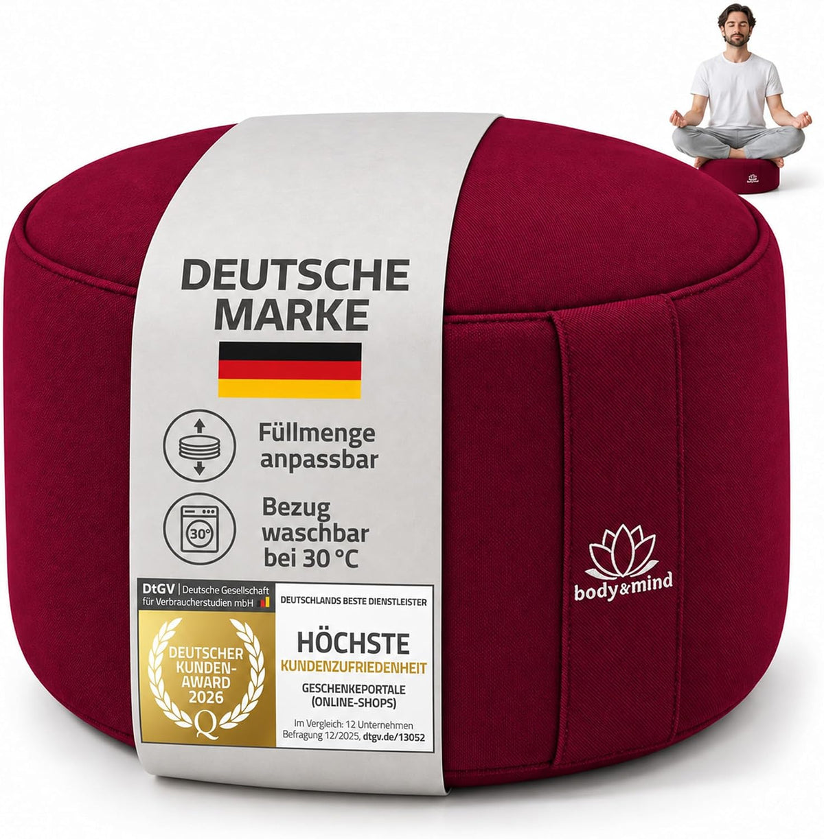 Rotes Meditationskissen mit integrierter Deutscher-Marke- und Featurebanderole #Farbe_Rot