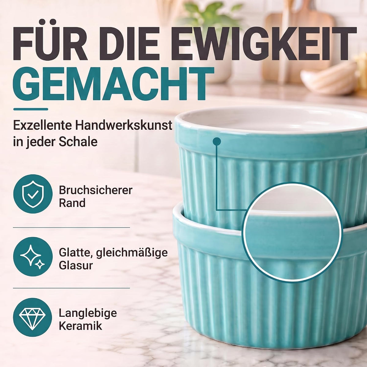 8er Set Dessertschalen & Creme-Brulée-Förmchen aus Keramik Weiß #Farbe_Türkies