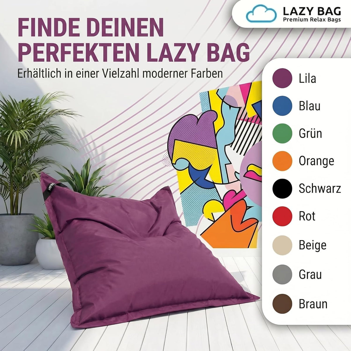 LazyBag Outdoor Sitzsack Junior – Wasserfestes Sitzkissen für Kinder #Farbe_Violett