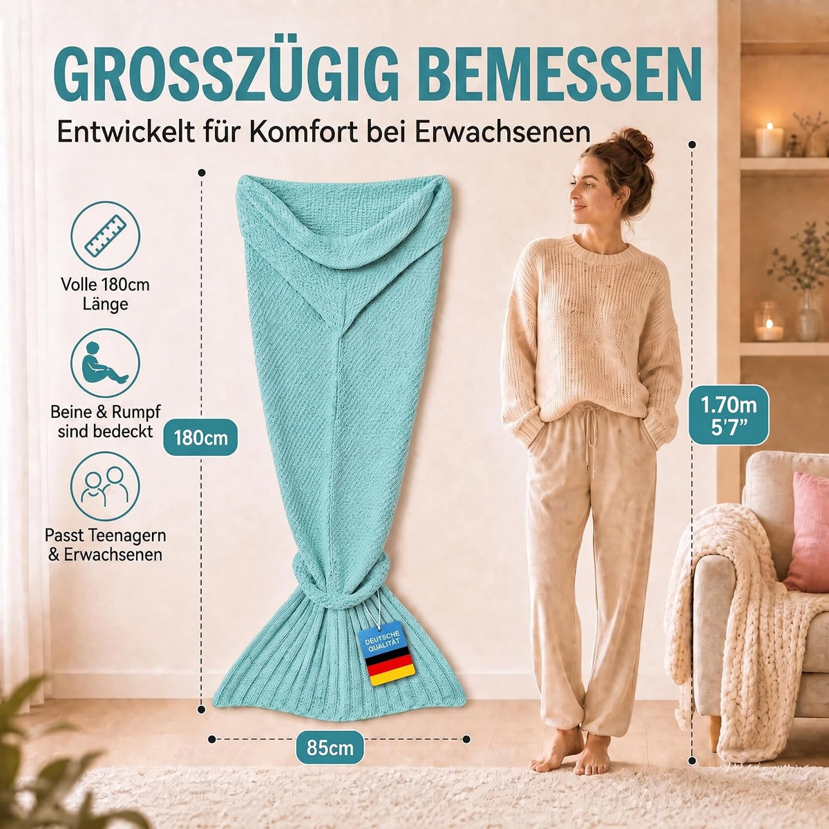 Feluna Meerjungfrau Kuscheldecke – 180x85 cm – Weiche Strickdecke #Farbe_Mint-Grün