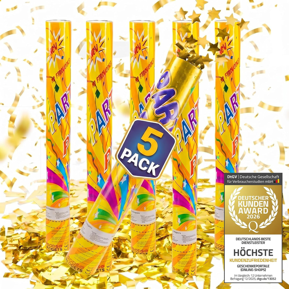 Konfettikanone XXL 60cm Gold Metallic - Party-Shooter für Events #Anzahl_5