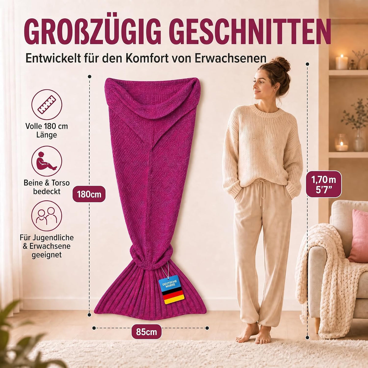 Feluna Meerjungfrau Kuscheldecke – 180x85 cm – Weiche Strickdecke #Farbe_Magenta