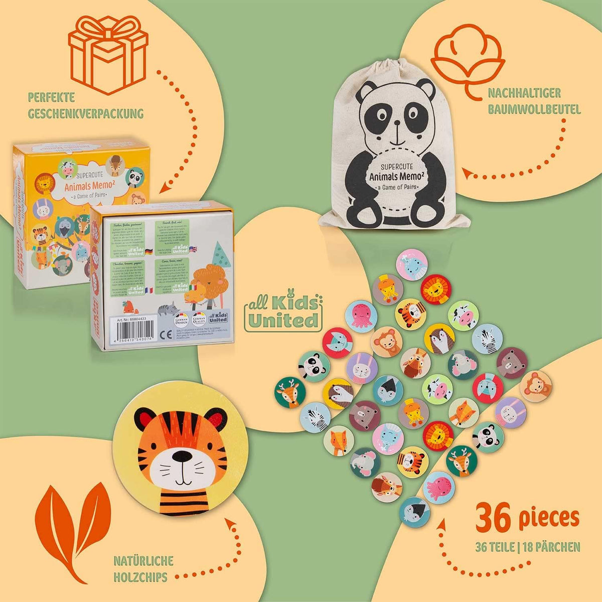 Memo² Holz-Memory für Kinder - Hochwertiges Tier-Gedächtnisspiel #Variante_Holz Deluxe (36 Karten)