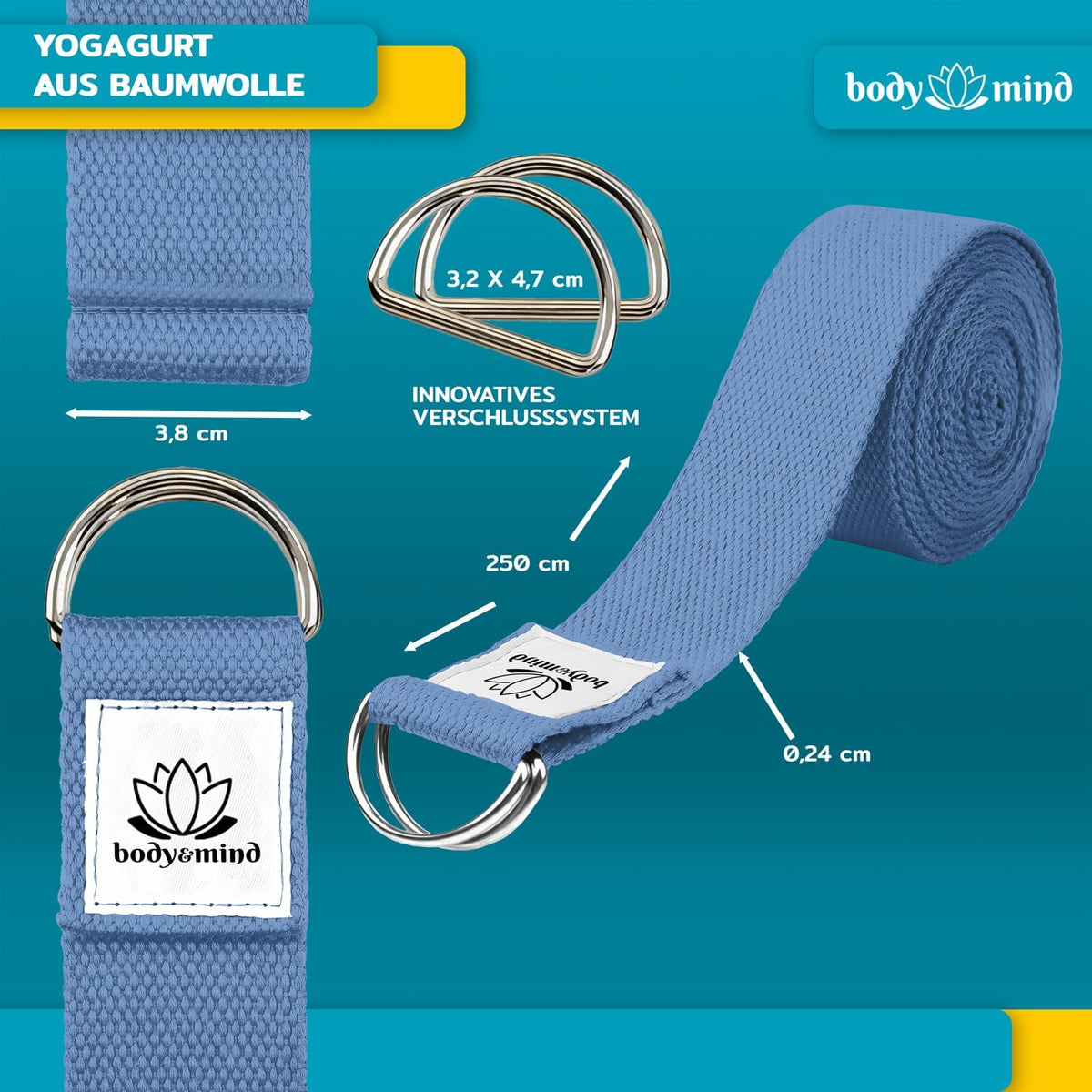 Yoga Gurt 250 cm mit Metall-D-Ring - Rutschfest & Langlebig #Farbe_Blau-Grau
