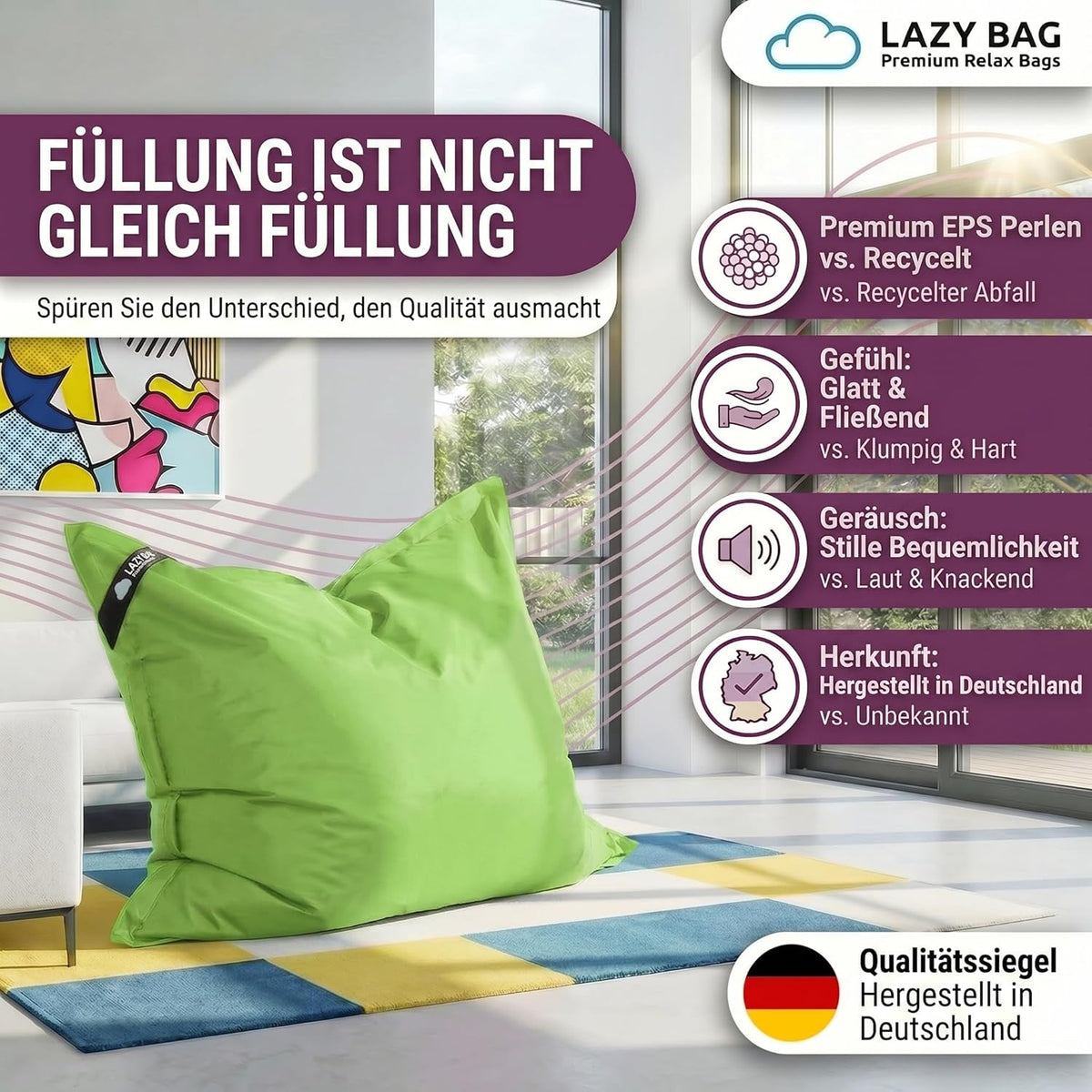 LazyBag Outdoor Sitzsack Junior – Wasserfestes Sitzkissen für Kinder #Farbe_Grün