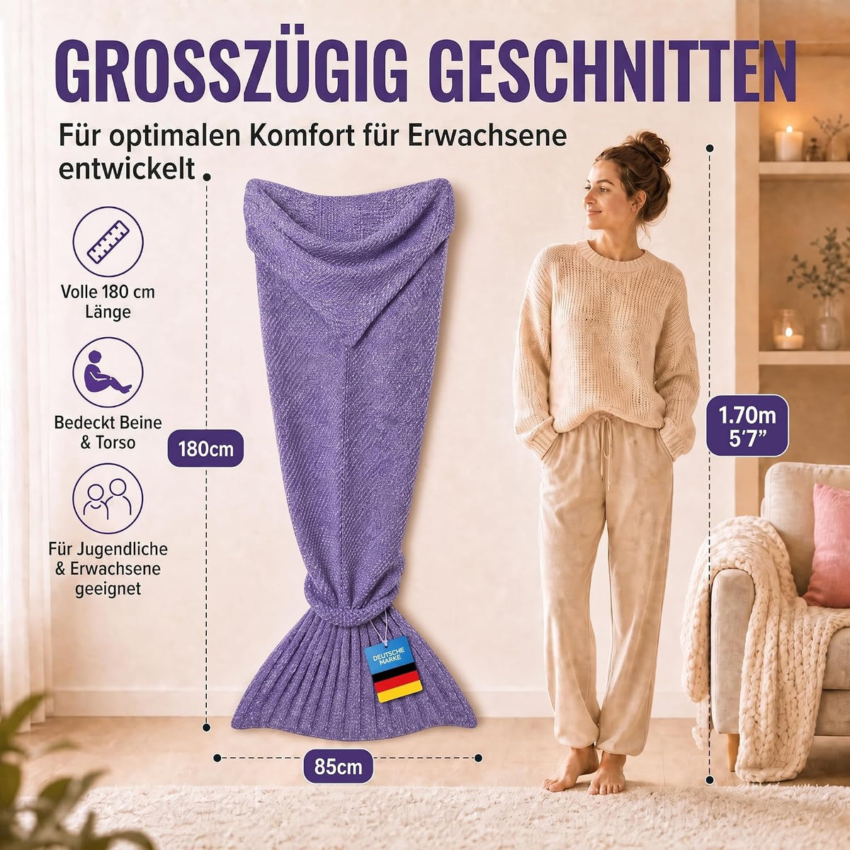 Feluna Meerjungfrau Kuscheldecke – 180x85 cm – Weiche Strickdecke #Farbe_Violett