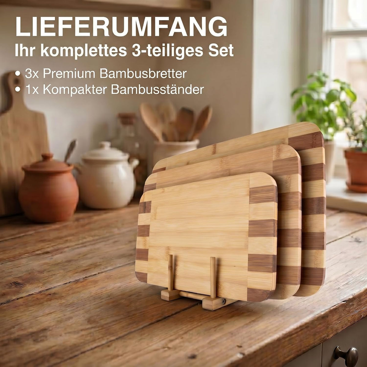 Bambus-Schneidebrett 3er Set mit Ständer – Robust & Klingenschonend