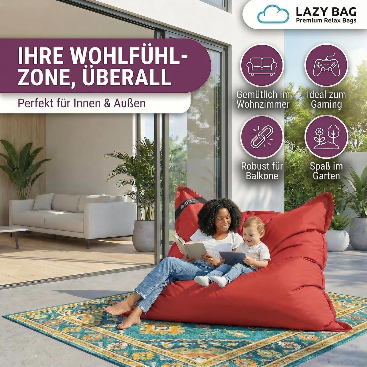 LazyBag Outdoor Sitzsack Junior – Wasserfestes Sitzkissen für Kinder #Farbe_Rot