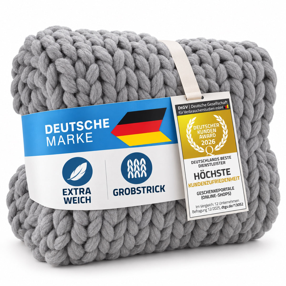 Grobstrickdecke Grau 180 x 120 cm, graue Decke mit integrierter Banderole #Farbe_Grau