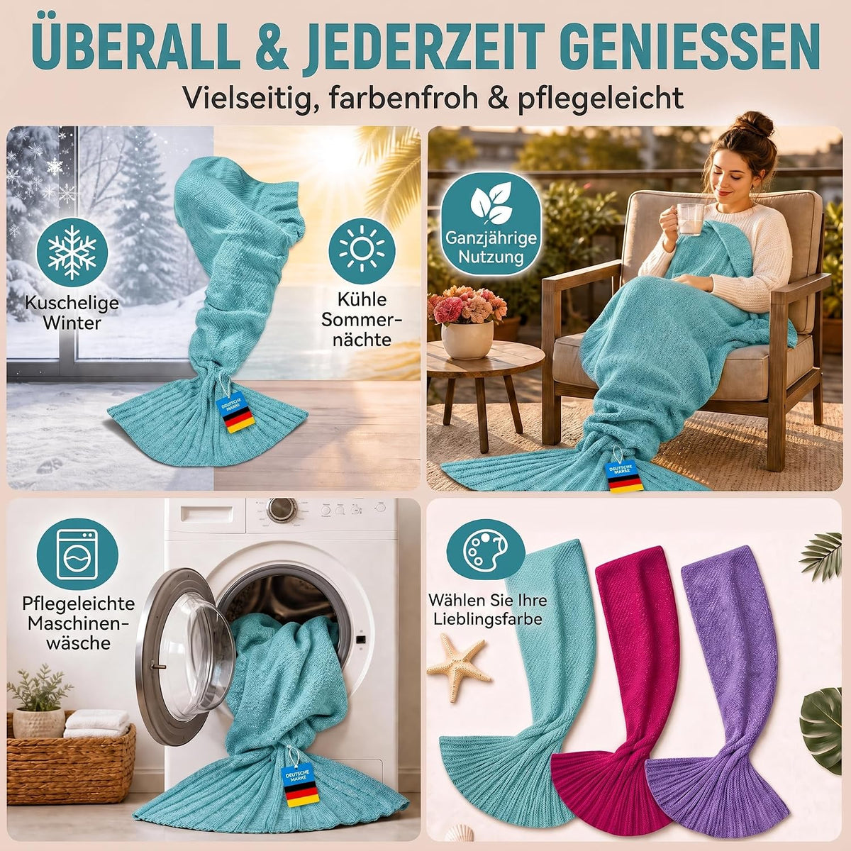 Feluna Meerjungfrau Kuscheldecke – 180x85 cm – Weiche Strickdecke #Farbe_Mint-Grün