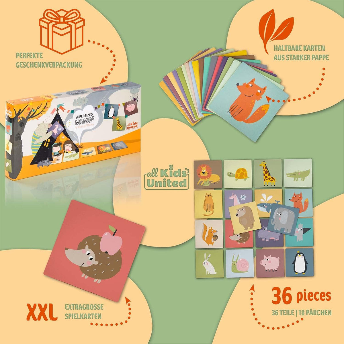 Memo² Holz-Memory für Kinder - Hochwertiges Tier-Gedächtnisspiel #Variante_Jumbo XXL (36 Karten)
