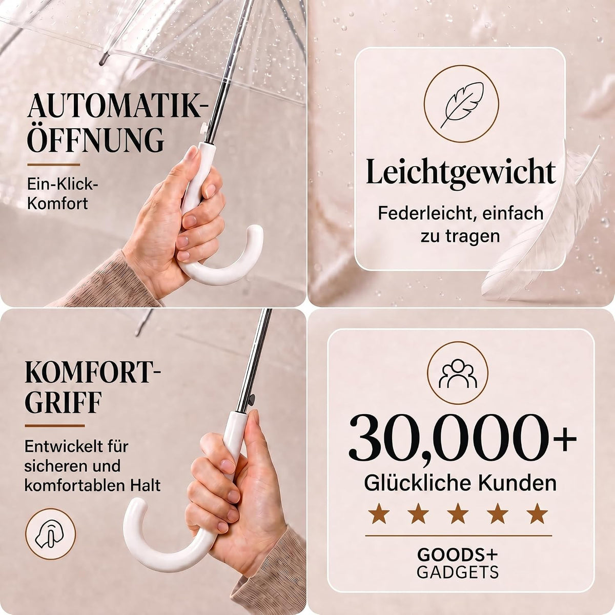 Transparenter Regenschirm 100cm - Durchsichtiger Stockschirm Elegant