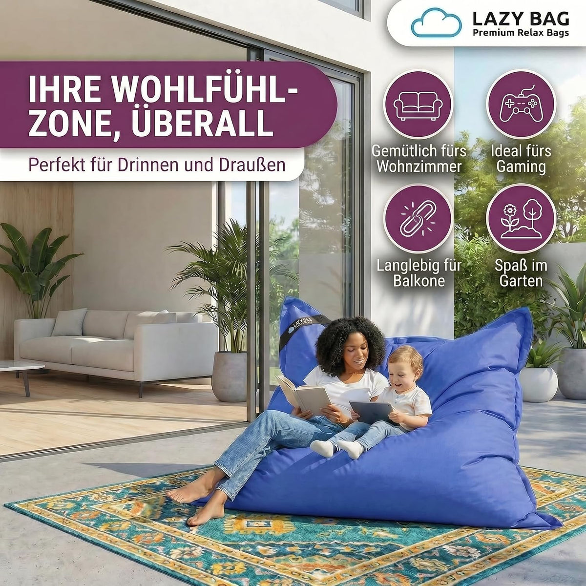 LazyBag Outdoor Sitzsack Junior – Wasserfestes Sitzkissen für Kinder #Farbe_Blau