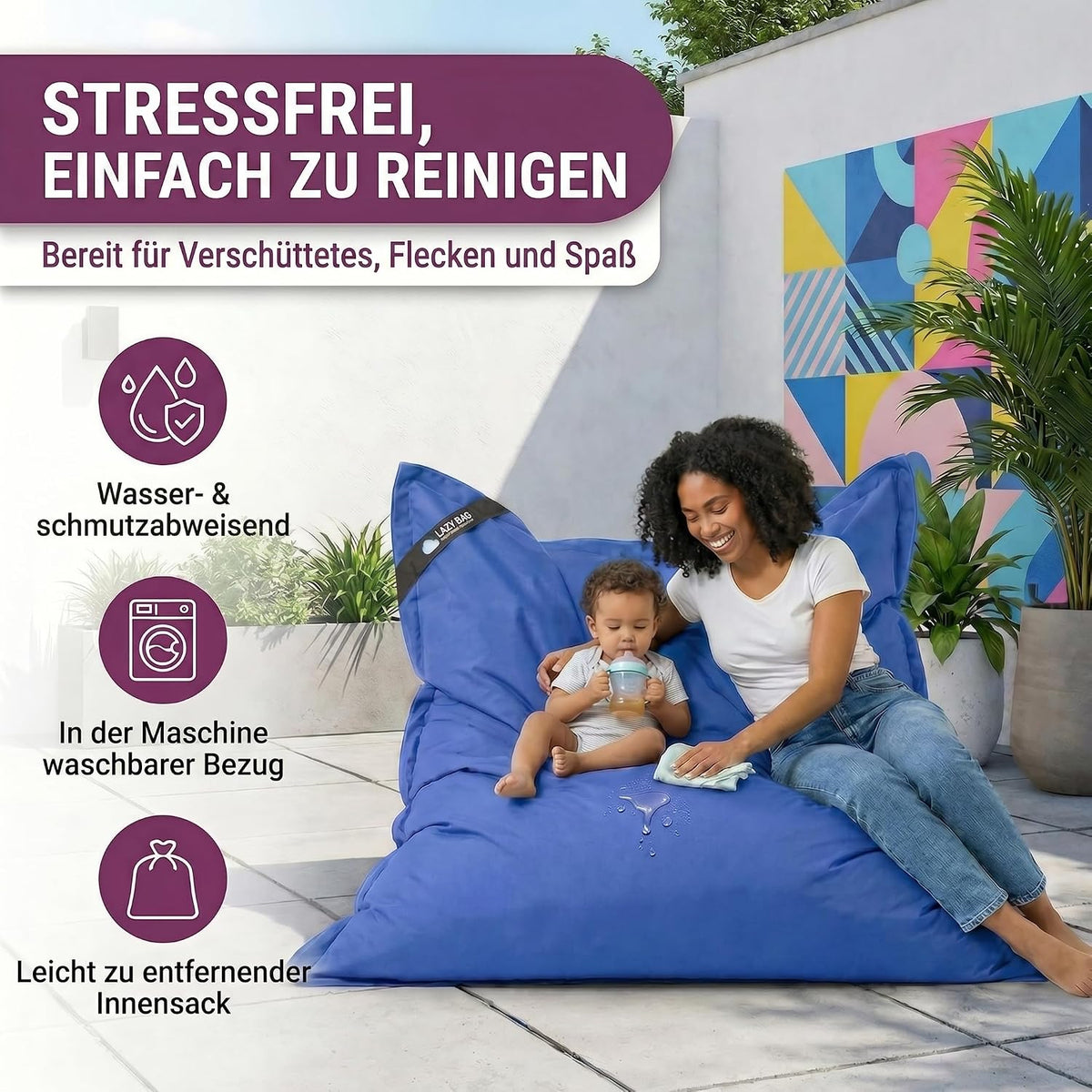 LazyBag Outdoor Sitzsack Junior – Wasserfestes Sitzkissen für Kinder #Farbe_Blau