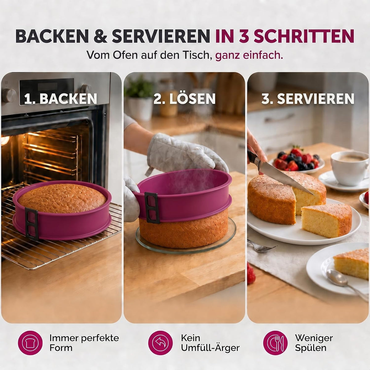 Silikon-Springform 23cm mit Glasboden – Auslaufsicher & Antihaft #Farbe_Violett