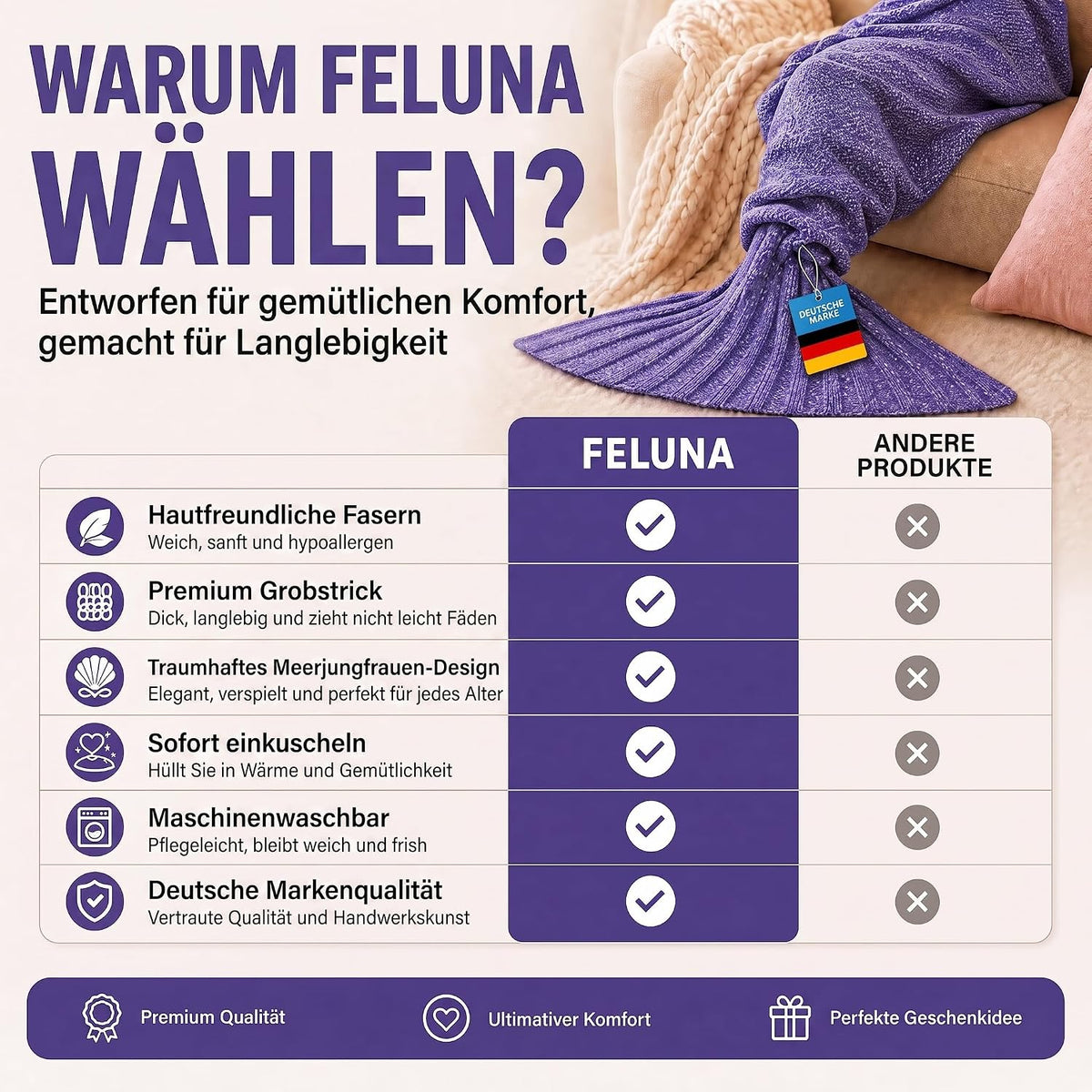 Feluna Meerjungfrau Kuscheldecke – 180x85 cm – Weiche Strickdecke #Farbe_Violett
