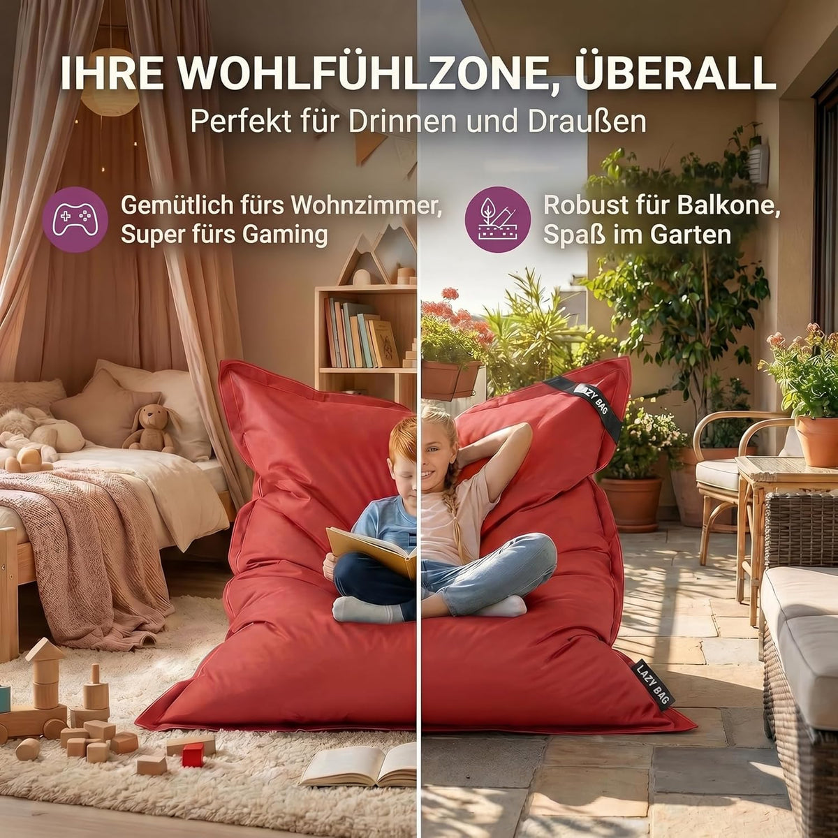 LazyBag Outdoor Sitzsack Junior – Wasserfestes Sitzkissen für Kinder #Farbe_Rot